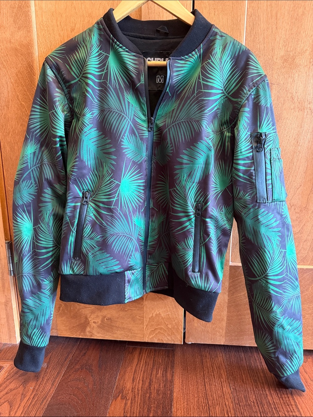 Vintage CHRLDR Black Bomber Jacket with Palm Print women sz Med